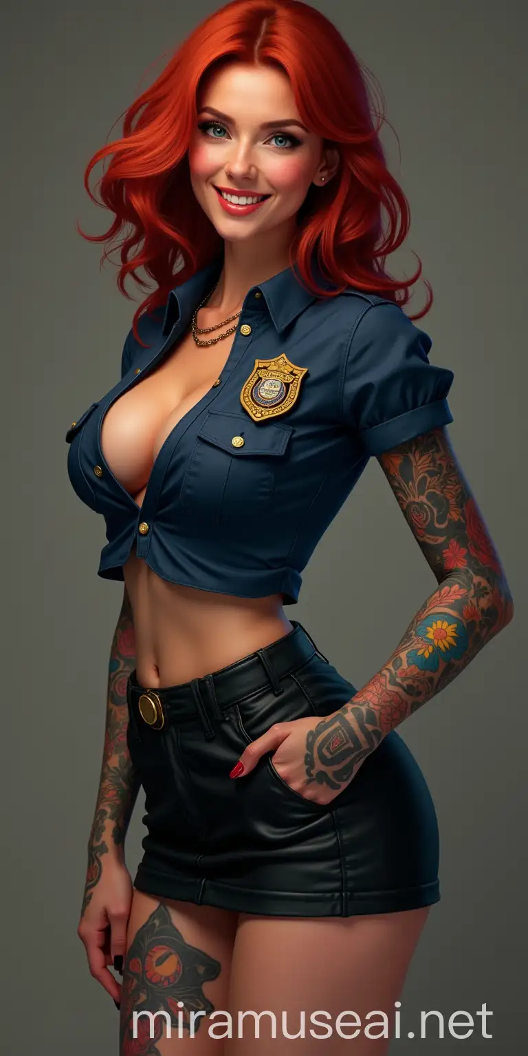 Photorealistic Woman in Cosplay Police Shirt and Miniskirt with Colorful Tattoos