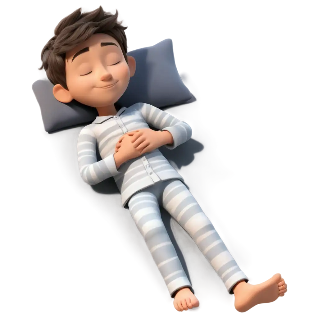 3D-Cartoon-PNG-Image-of-a-10YearOld-Boy-in-Pajamas-Sleeping-on-Bed-Barefoot