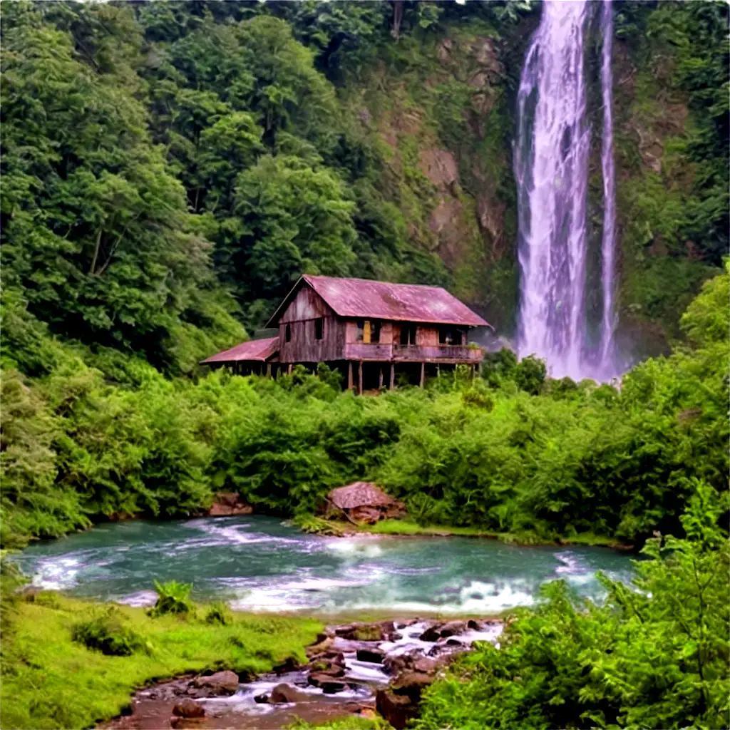 Explore-the-Enchanting-PNG-Image-of-a-Forest-Waterfall-and-Old-House-Man