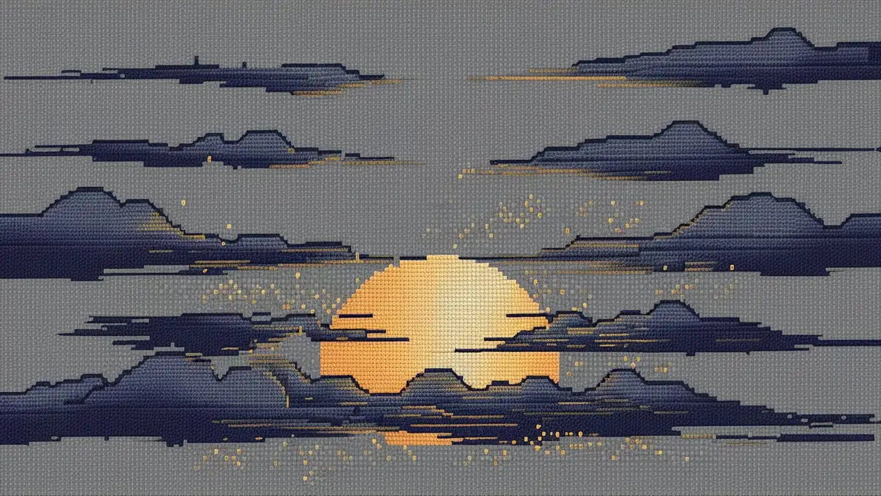 Cross Stitch of Slate Grey Background with Drifting Navy Clouds Illuminated by Magical Gold Light