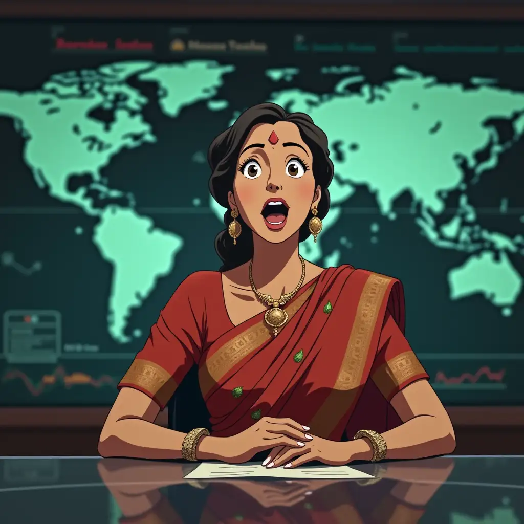 MiddleAged-Indian-Female-News-Anchor-in-HighTech-News-Studio-with-World-Map-and-Graphs