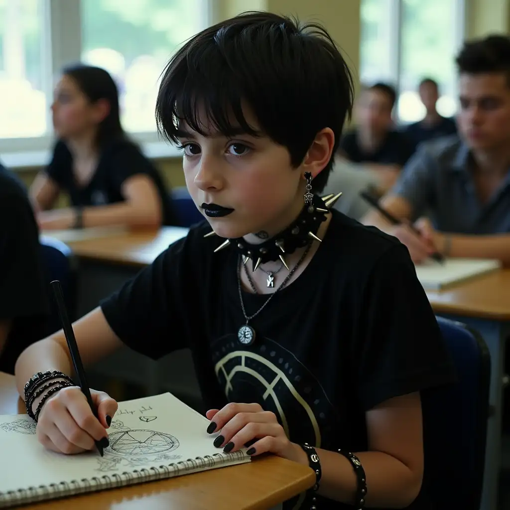 Gothic-Teenager-Sketching-in-Classroom-with-Pentagram-Earrings