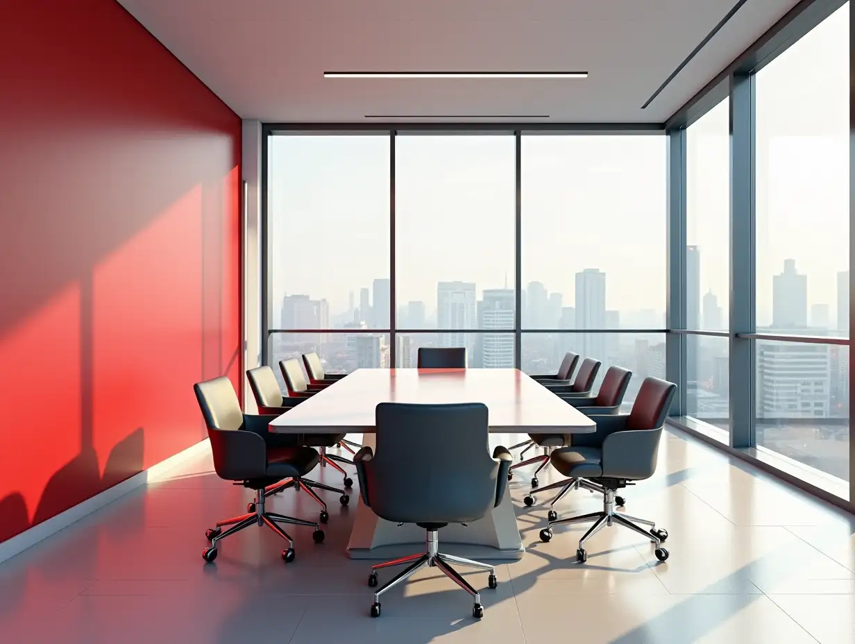 Modern-Urban-Office-Conference-Room-with-Panoramic-Windows-and-Red-Accent-Walls