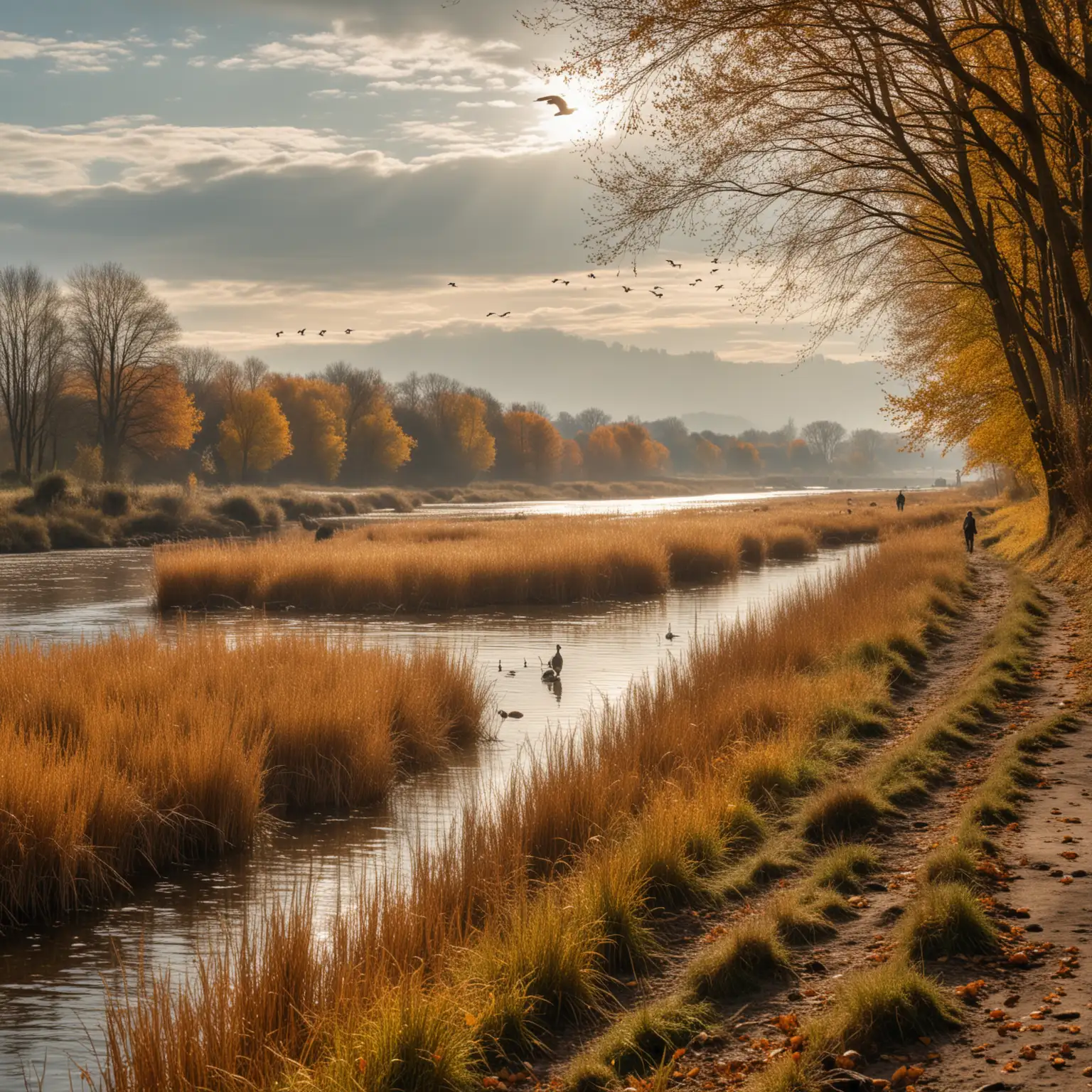 Autumn-Stroll-by-the-Riverbank-with-Flying-Geese