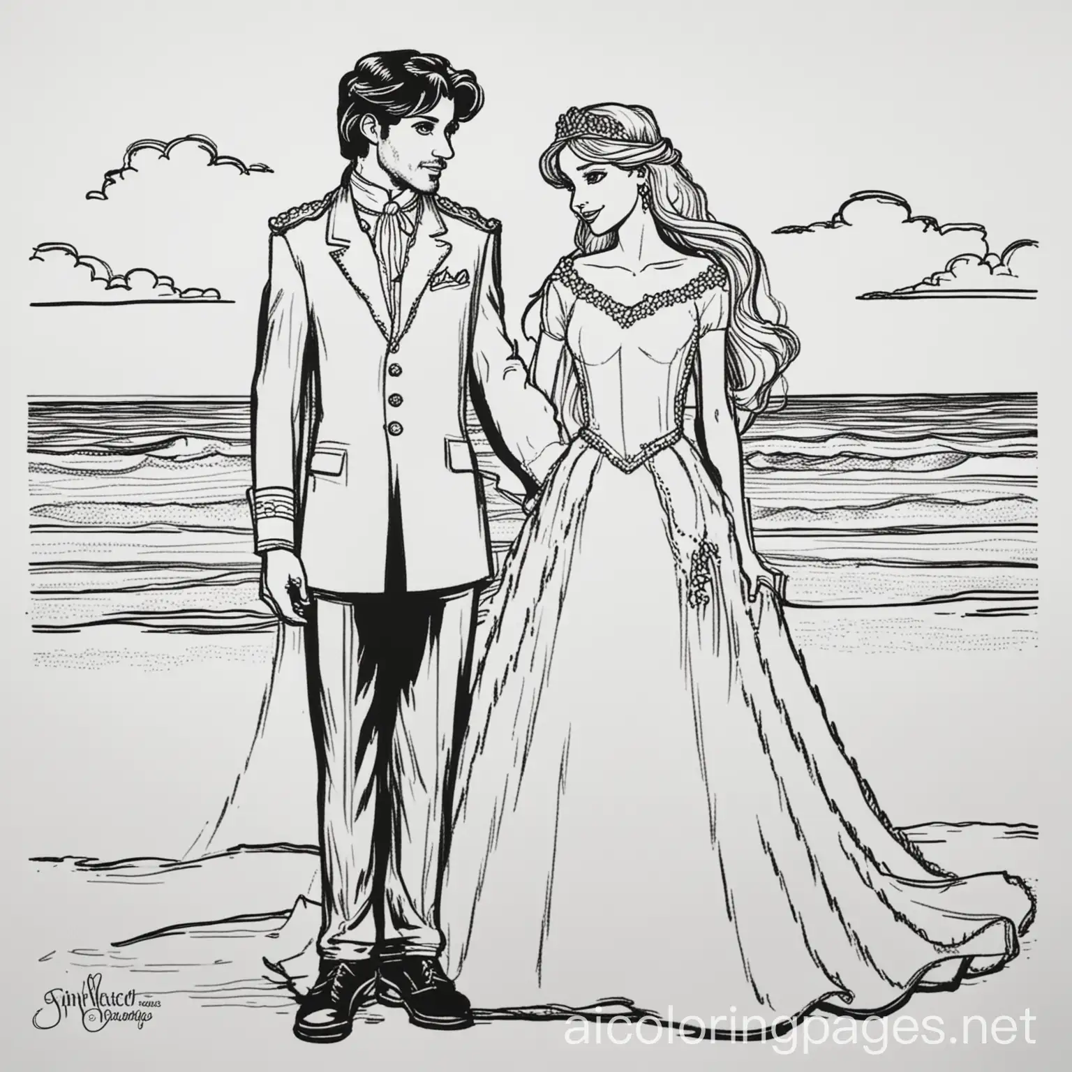 Beach-Wedding-Royal-Couple-in-Black-and-White-Line-Art