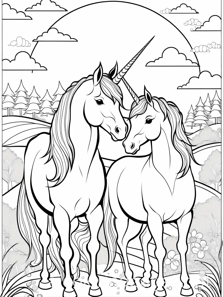 Unicorns, Coloring Page, black and white, line art, white background, Simplicity, Ample White Space. The background of the coloring page is plain white to make it easy for young children to color within the lines. The outlines of all the subjects are easy to distinguish, making it simple for kids to color without too much difficulty