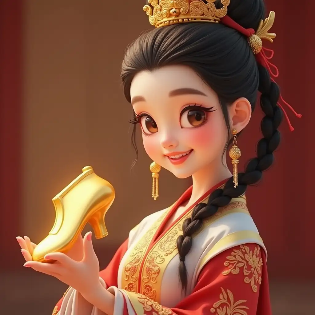 9:16 HD Real photography style is Chinese style. A beautiful goddess of wealth wearing traditional Hanfu is smiling and holding a huge shoe-shaped gold ingot. in her hand. She is wearing traditional clothes with red and white as the main colors, decorated with golden embroidery patterns, and wearing a gorgeous crown on her head, decorated with red braids and golden ornaments. Her black hair is braided into a playful ponytail!