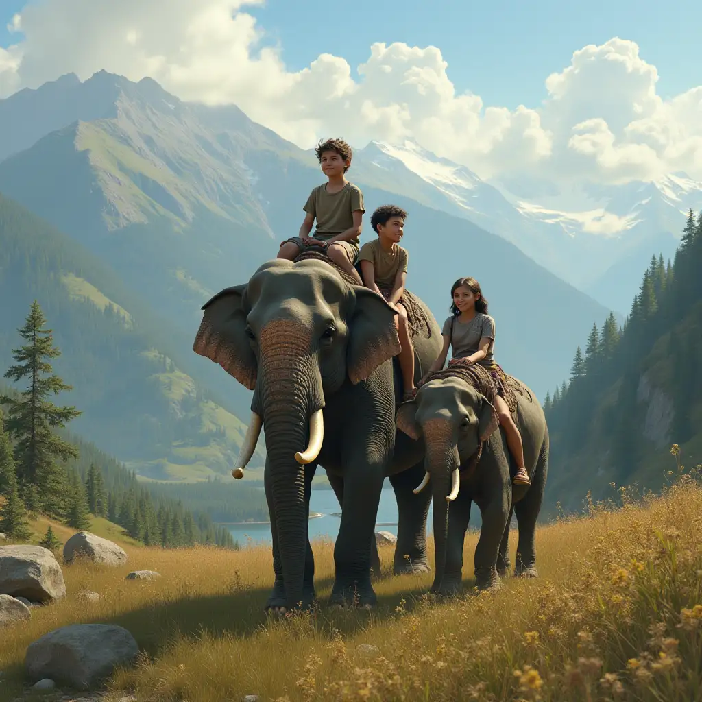 realistic, a young boy riding an elephant in the mountains with his family