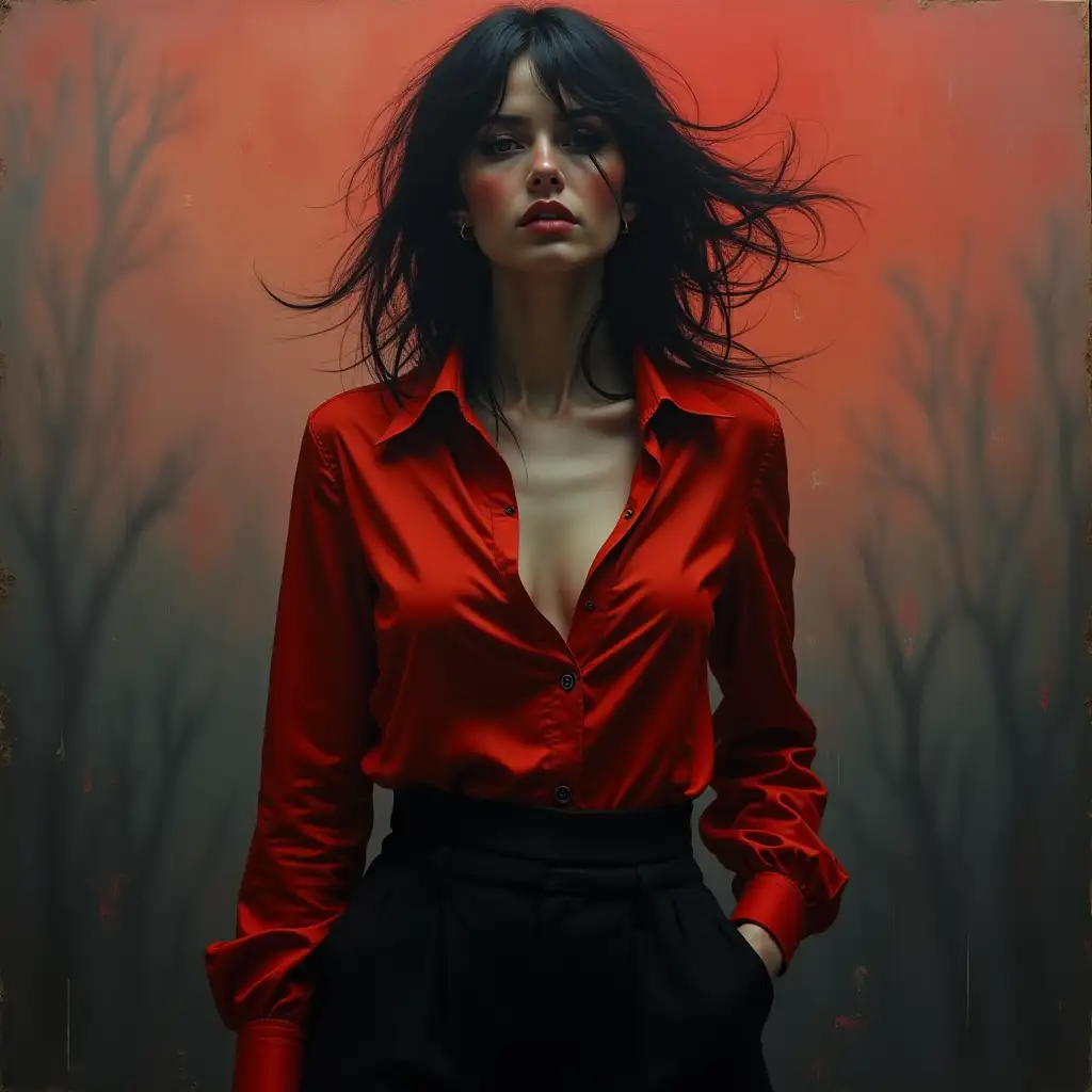 Oil on canvas, sharp, detailed, clear, art inspired by Stephen Gammell and Zdzisław Beksiński and Mark Demsteader and Gerald Brom, dark colors, heavy, black, red, rusty orange, indigo blue dirty colors, dim atmosphere, pink-orange sky, dark and blurry, full body shot, woman, wild brunette hair, black business pants, red satin shirt falling elegantly on her chest, 2 buttons unclasped, ample bosom