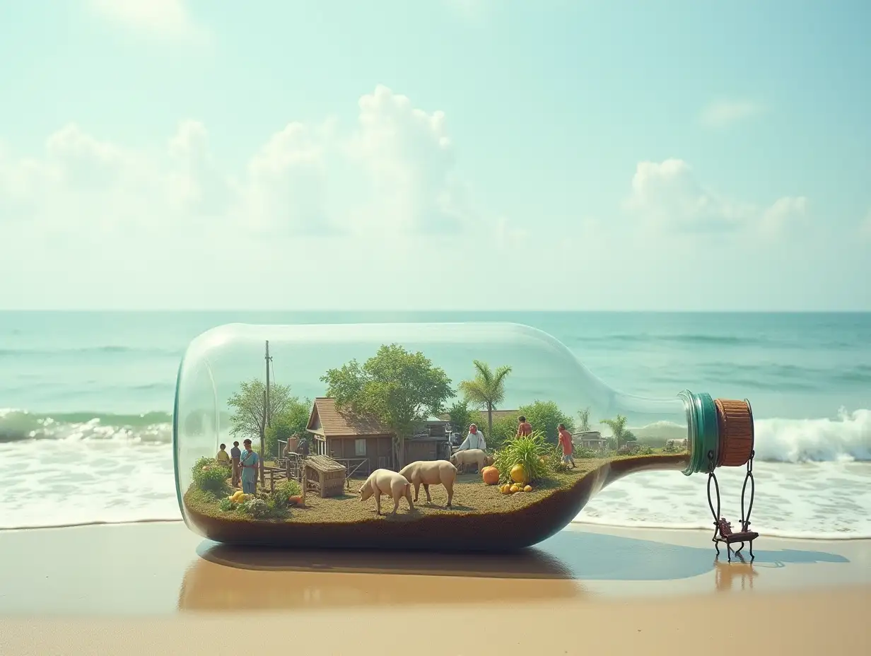 In a beautiful beach there is a large glass bottle, inside is a small village, with very many tiny people, with fruit plantation, carriage, horses, pigs, quite big real photo, triple exposure, basic idea of something beautiful picture