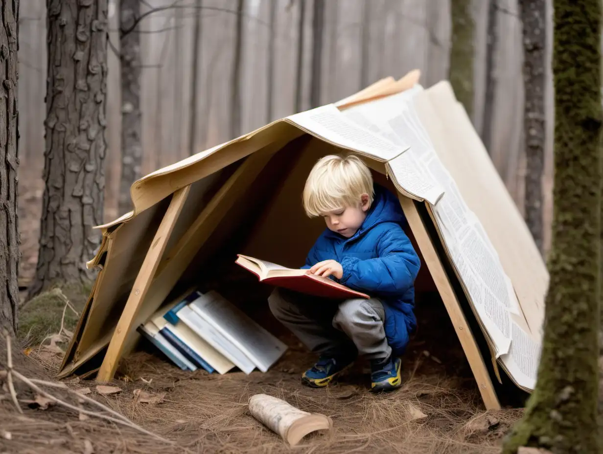 Blonde Boy Building Shelter in Woods with Book