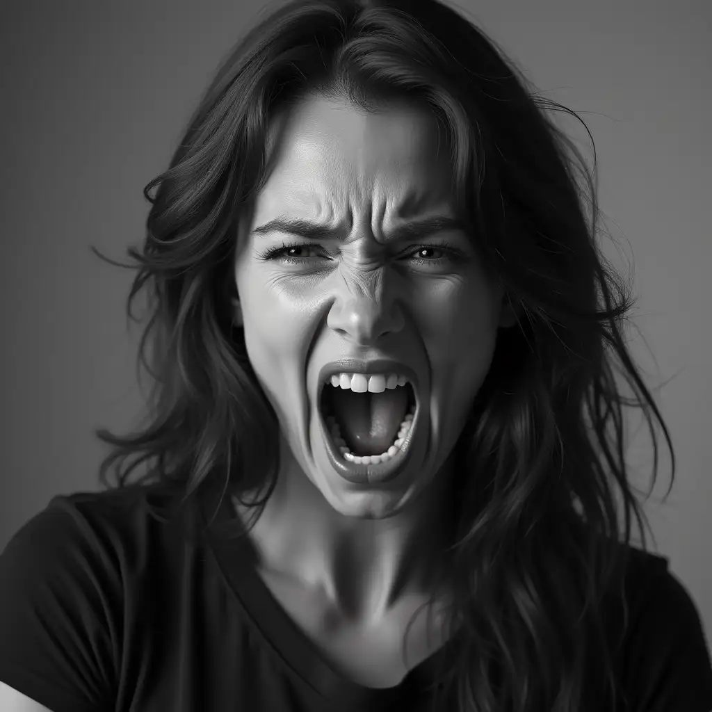 Angry-Woman-Shouting-in-Black-and-White-Portrait