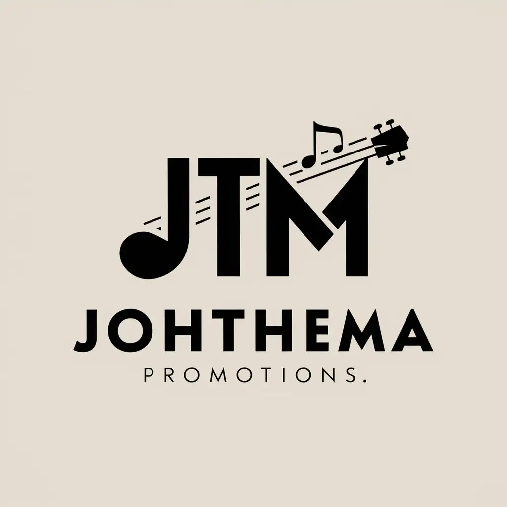 LOGO Design For JohTheMa PROMOTIONS Stylized JTM with Musical Notes or Guitar Icon on Moderate Clear Background