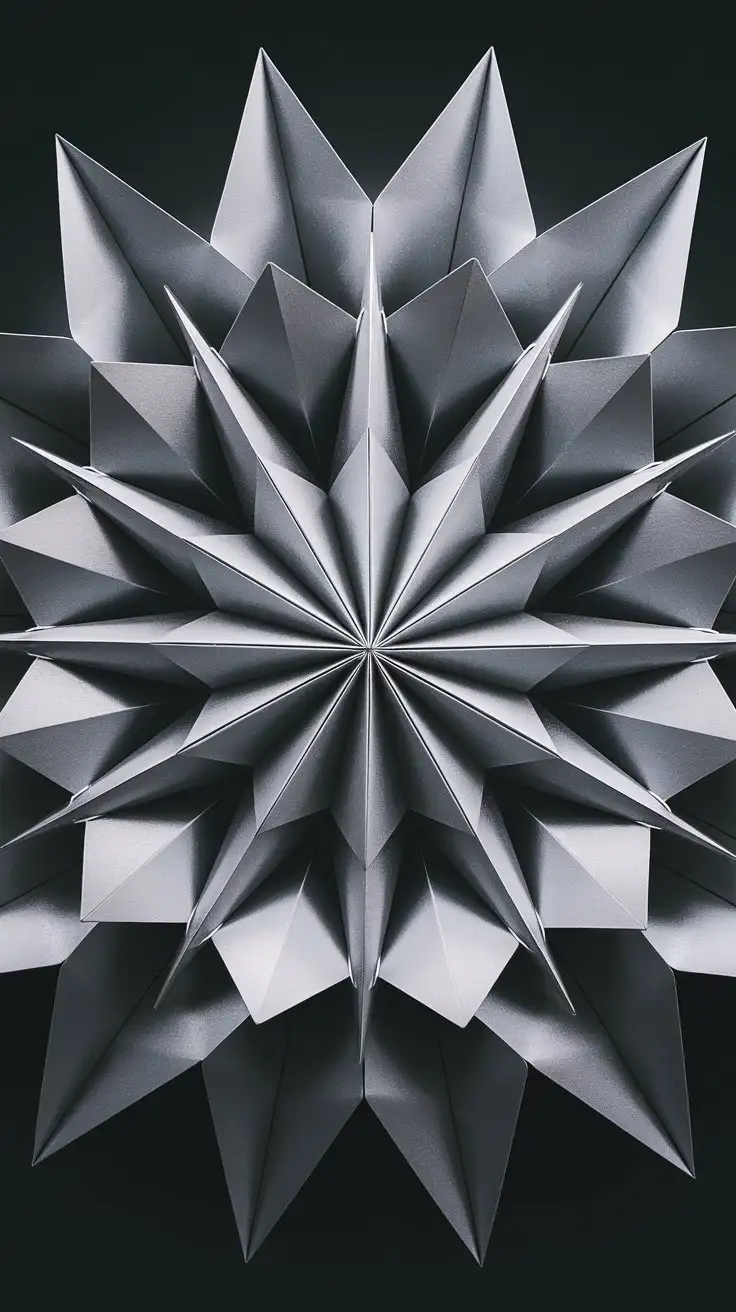 Overhead-View-of-Metallic-Silver-Origami-Starburst-with-Geometric-Patterns