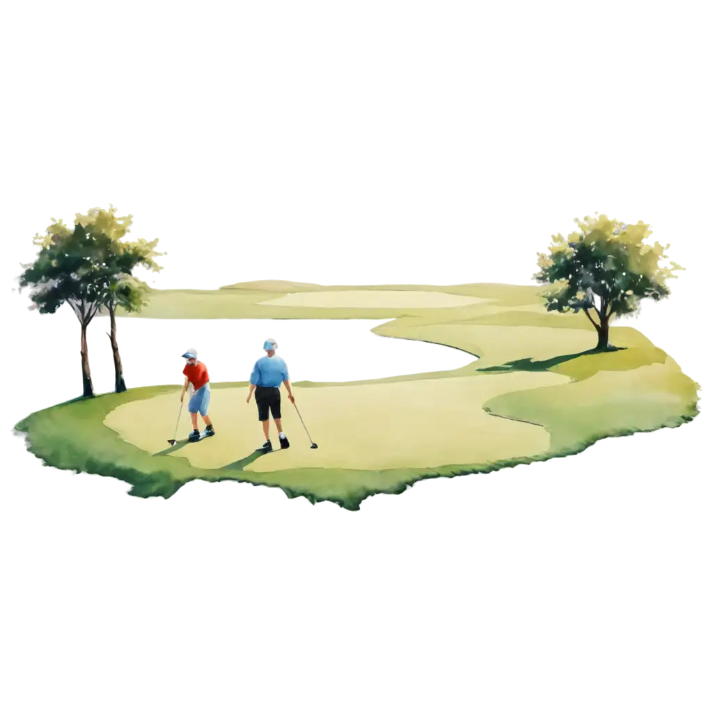 Painted-Golf-Scene-with-2-Small-Golfer-Silhouettes-in-PNG-Format