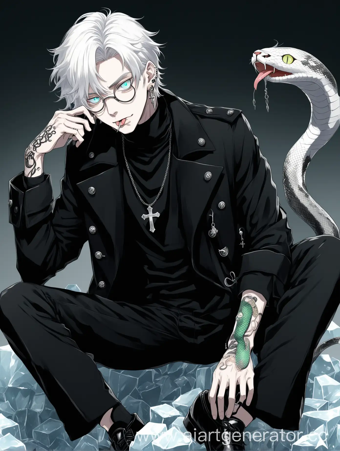 one boy, anime style pastel, tousled white hair, ice-colored eyes with a cat pupil, a snake tattoo on his neck, a monocle on his right eye, he is wearing a black turtleneck, a black coat over a turtleneck, black pants and black socks, and black men's shoes, a cross pendant is worn on his neck, He has a piercing on his tongue and snake earrings on his ears