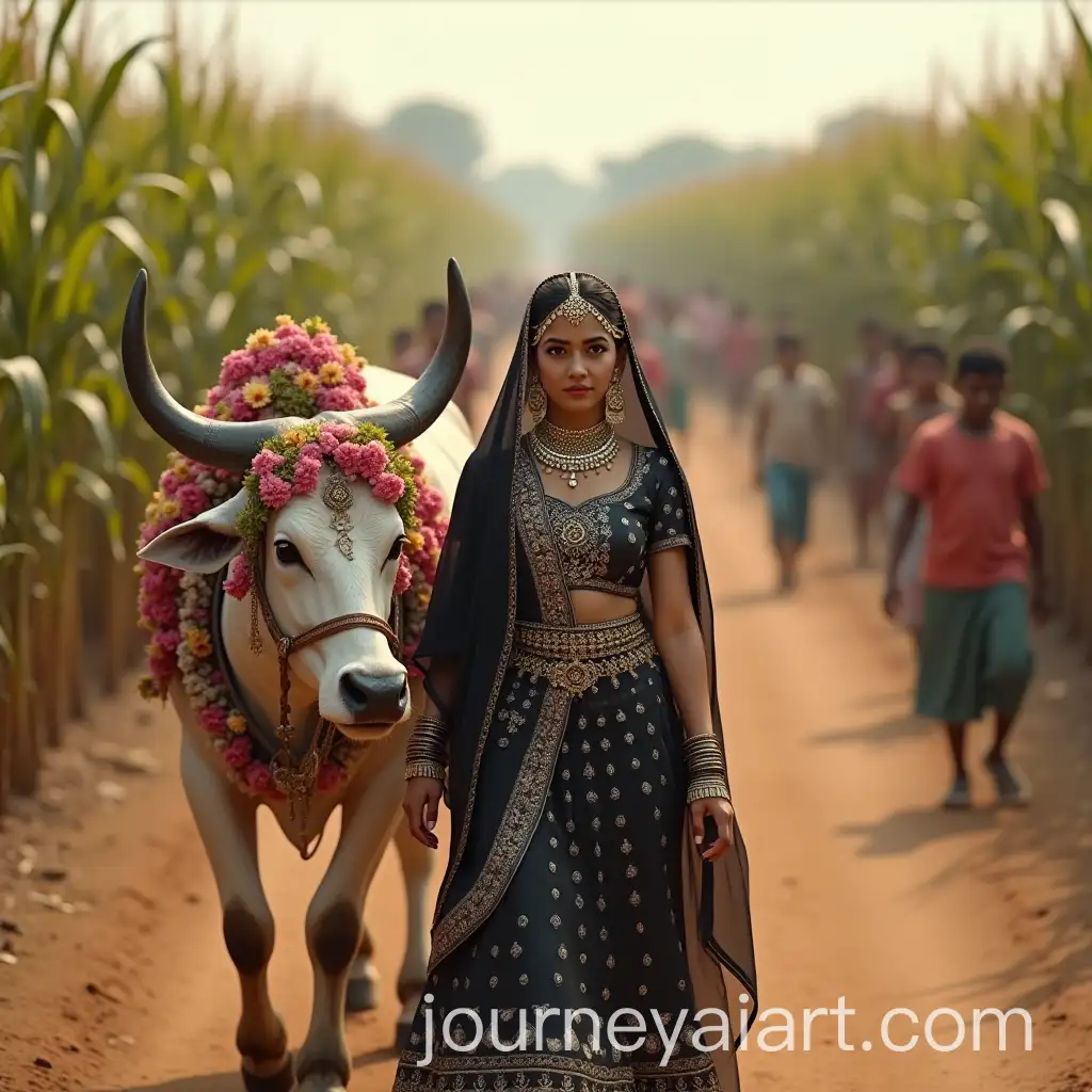 Indian-BrideAI-Image-Prompt-Expansion-Walking-Beside-Decorated-Bull-on-Village-Path-with-Children-Watching