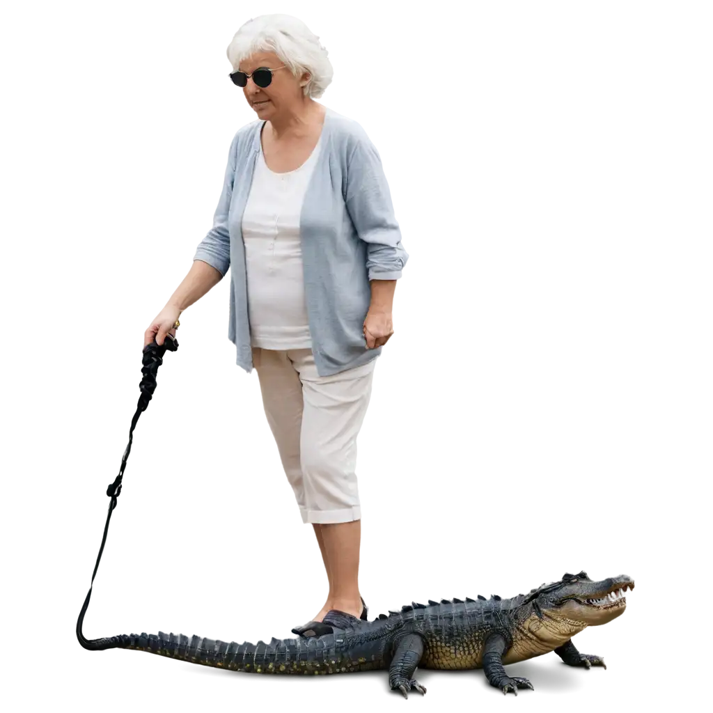 an old lady walking a alligator on a leash in the bayou