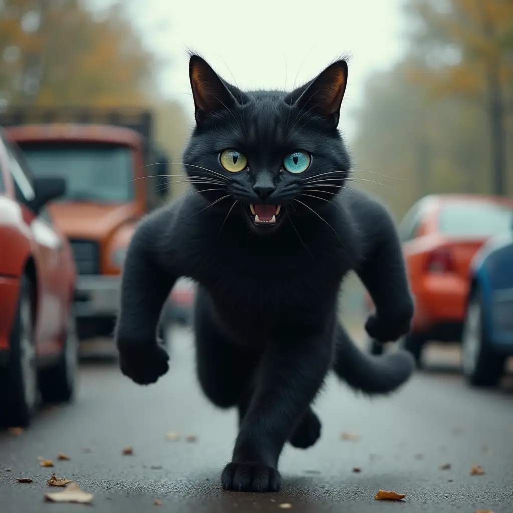 Black cat with muscles, one blue eye, other yellow eye, grinning, running away from a car, a truck crashed into a passenger car behind him