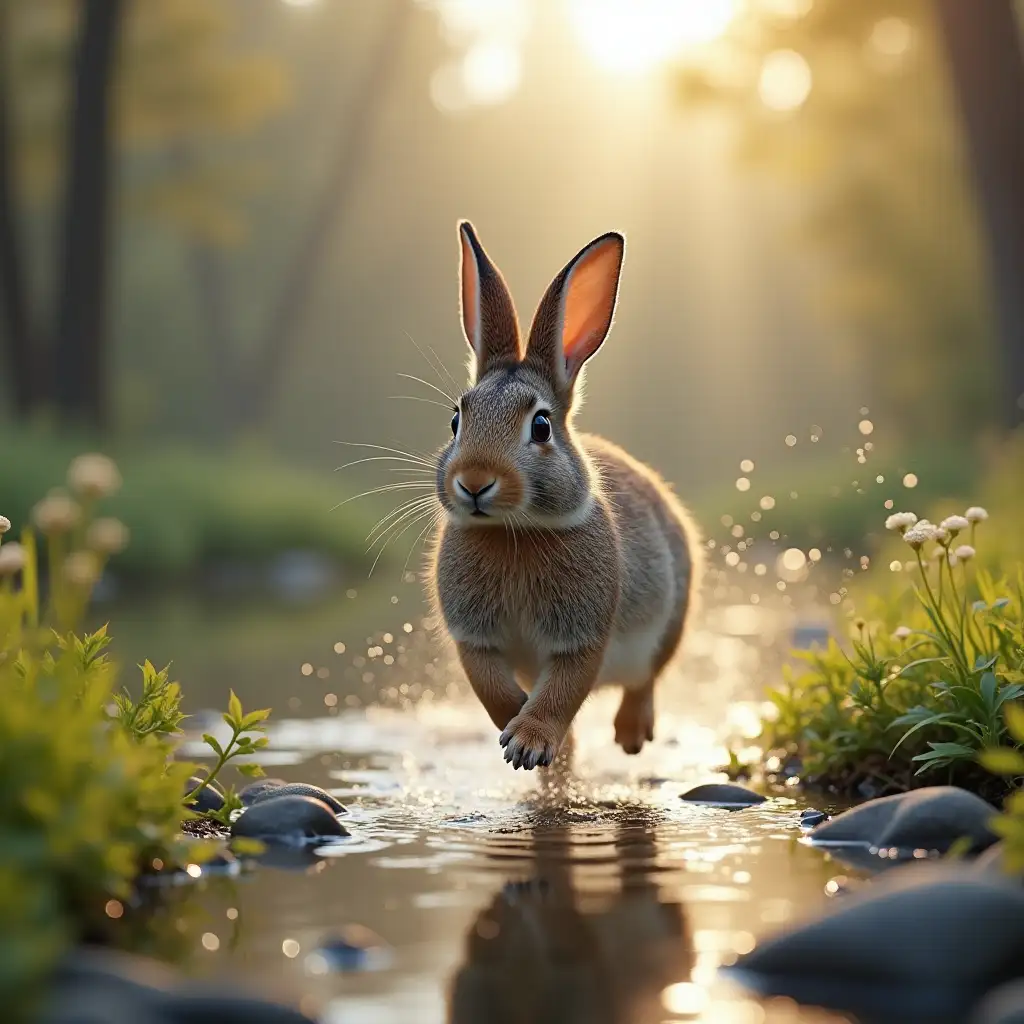 Rabbit-Running-Near-a-River-in-Natural-Landscape