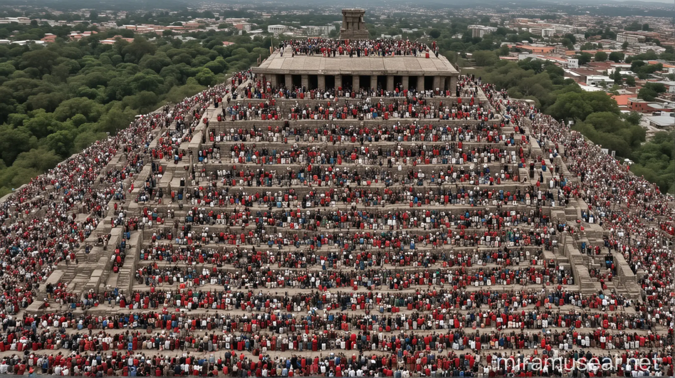 Crowd of People on Ancient Mexican Temple