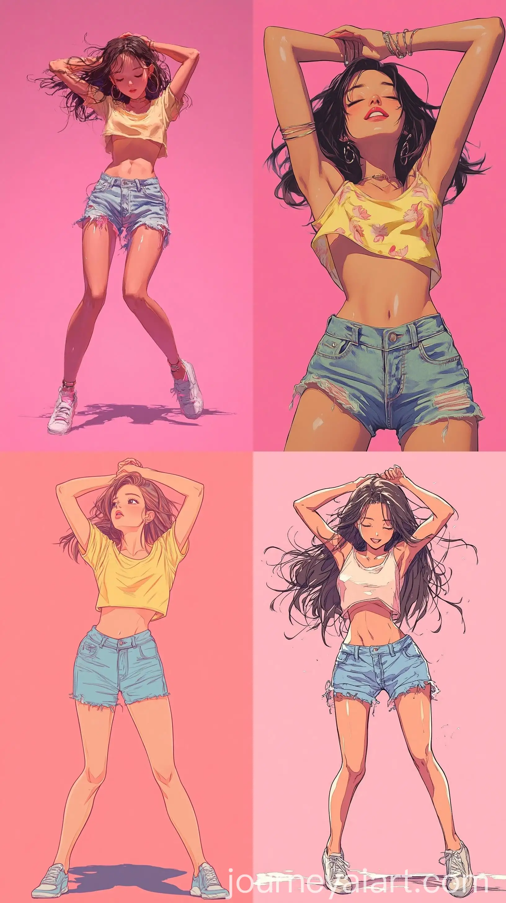 Anime-Girl-Dancing-in-Short-Denim-Shorts-and-Light-TShirt-on-Pink-Background