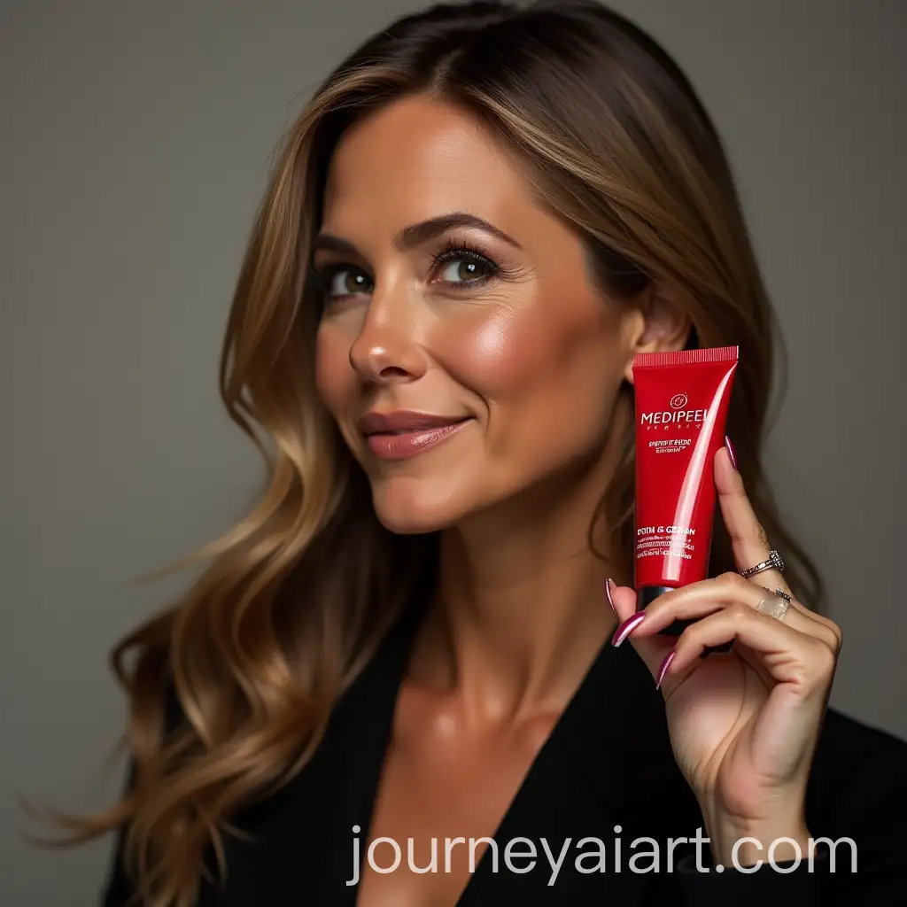 Woman-Holding-MEDIPEEL-PHYTO-PDRN-Lifting-Shot-CosmeticAI-Image-Prompt-Expansion-Eye-Cream-in-Professional-Studio-Setting