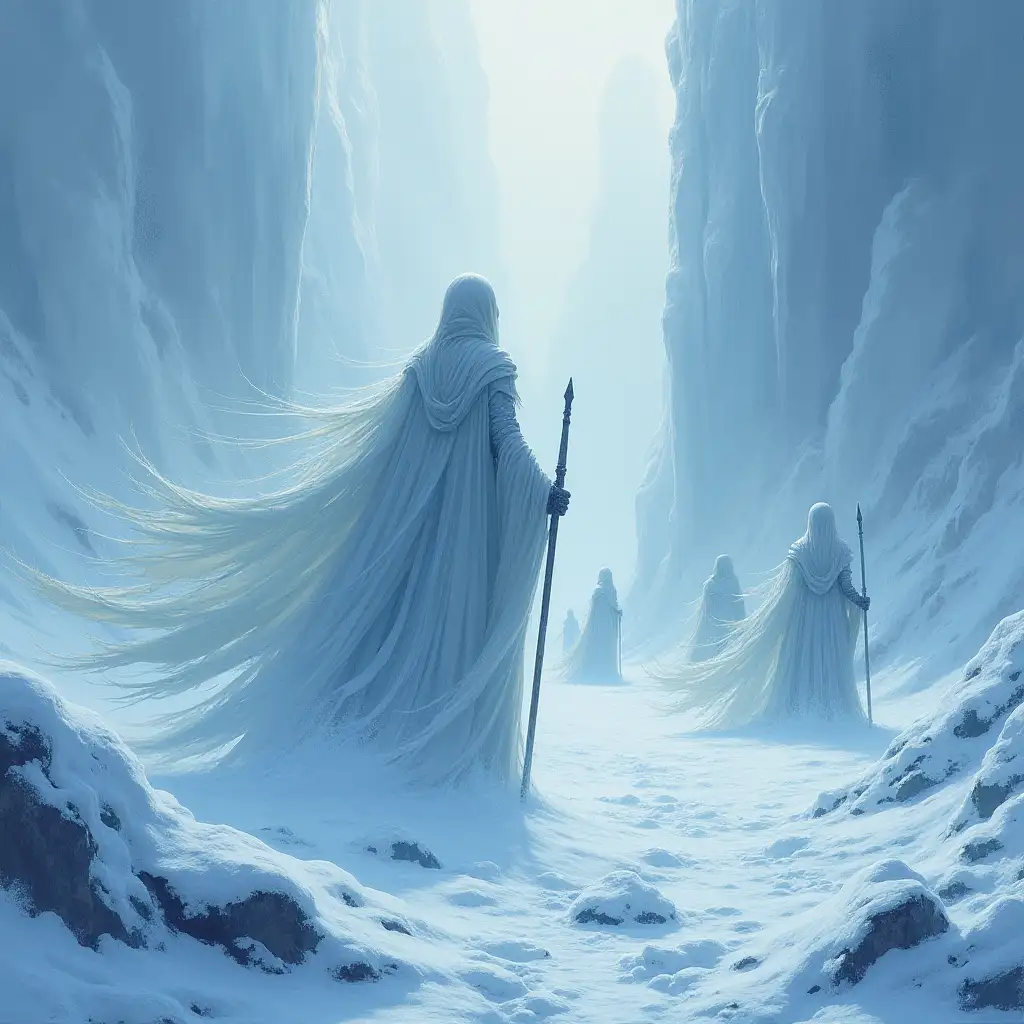 Souls of ice, snow and wind fly over the fallen armies and everything turns to ice, epic folk fantasy, famous goddess of art, masterpiece, impressionism, soft shadows, dripping paint, aesthetic