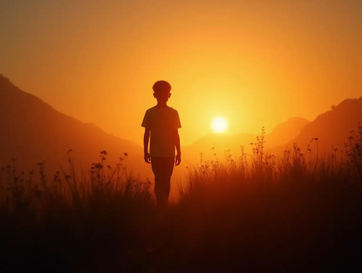 silhouette of a 15 year old boy, walking in a fairy meadow, in the evening, with a sunset