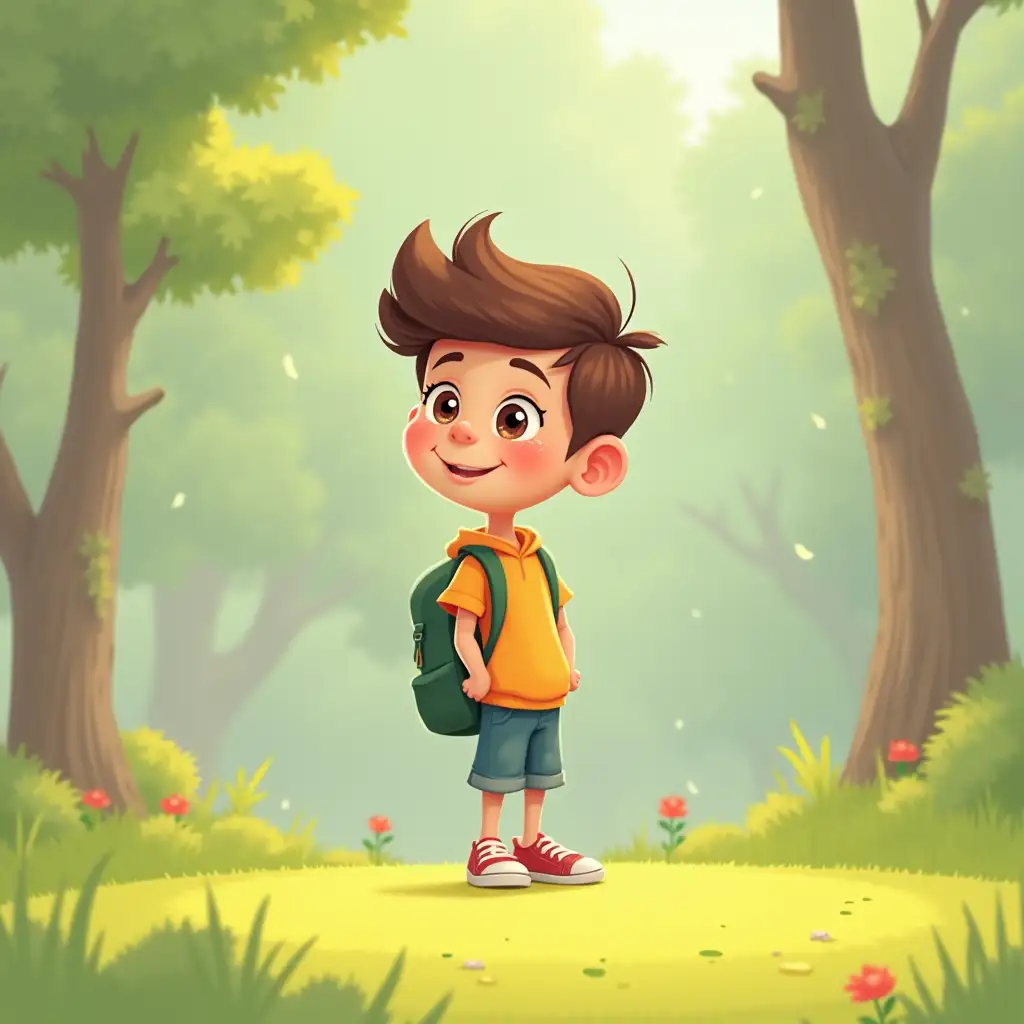 create a boy playing standing in the park. 2D cartoon