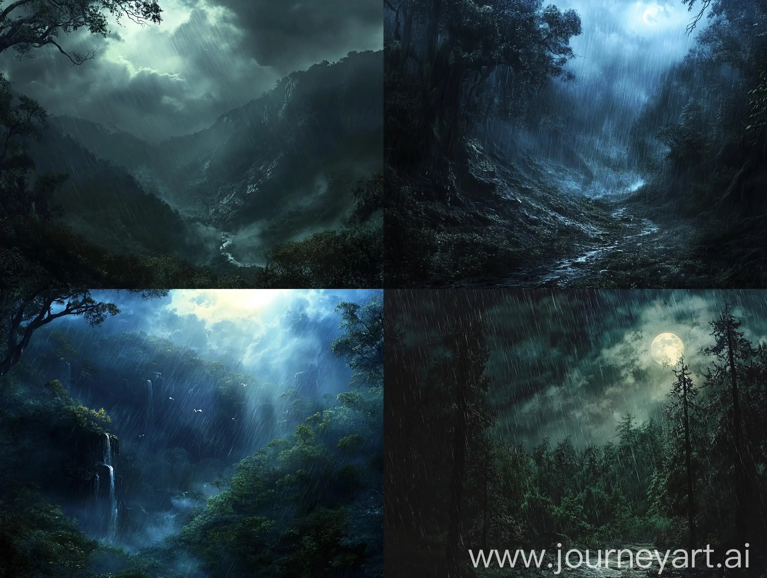 Eerie-Moonlit-Forest-Scene-with-Creepy-Valley-and-Rain