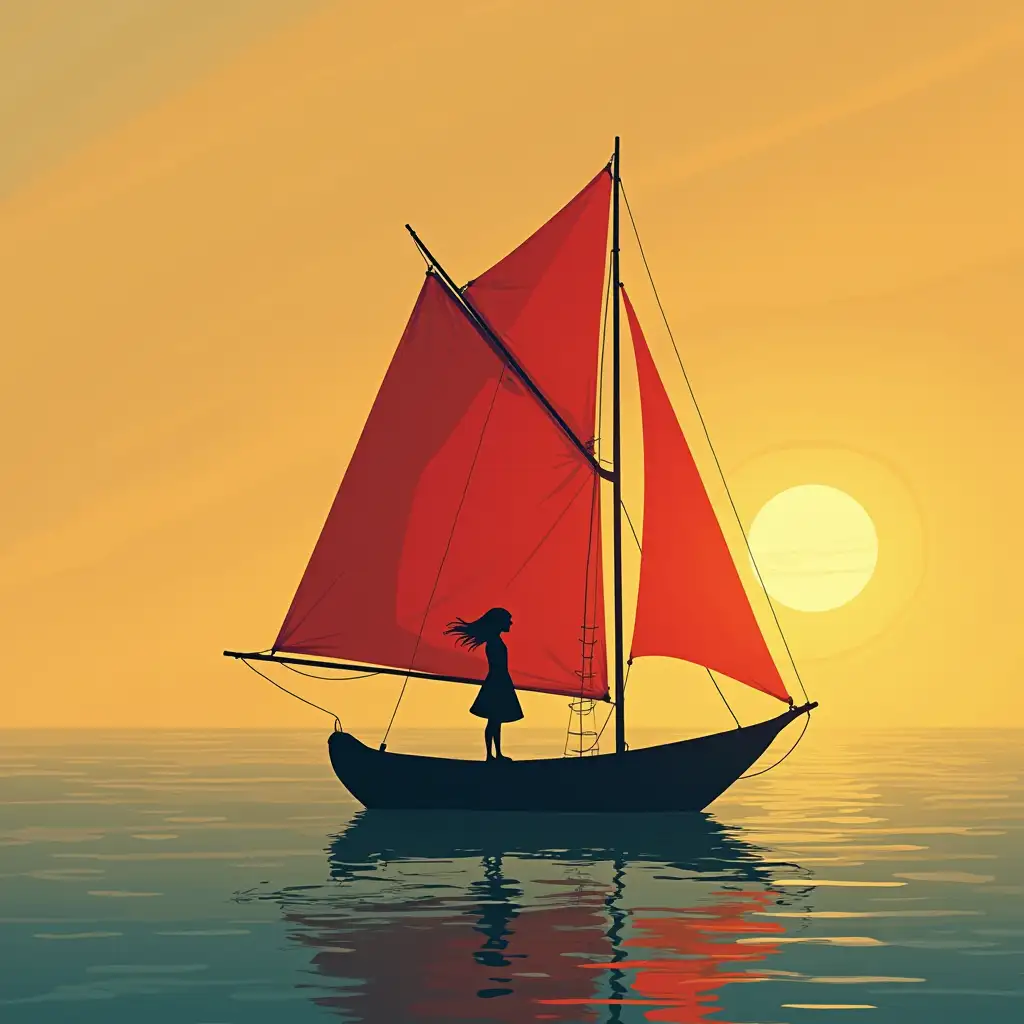 girl on a ship with a scarlet sail at dawn, illustration, minimalism