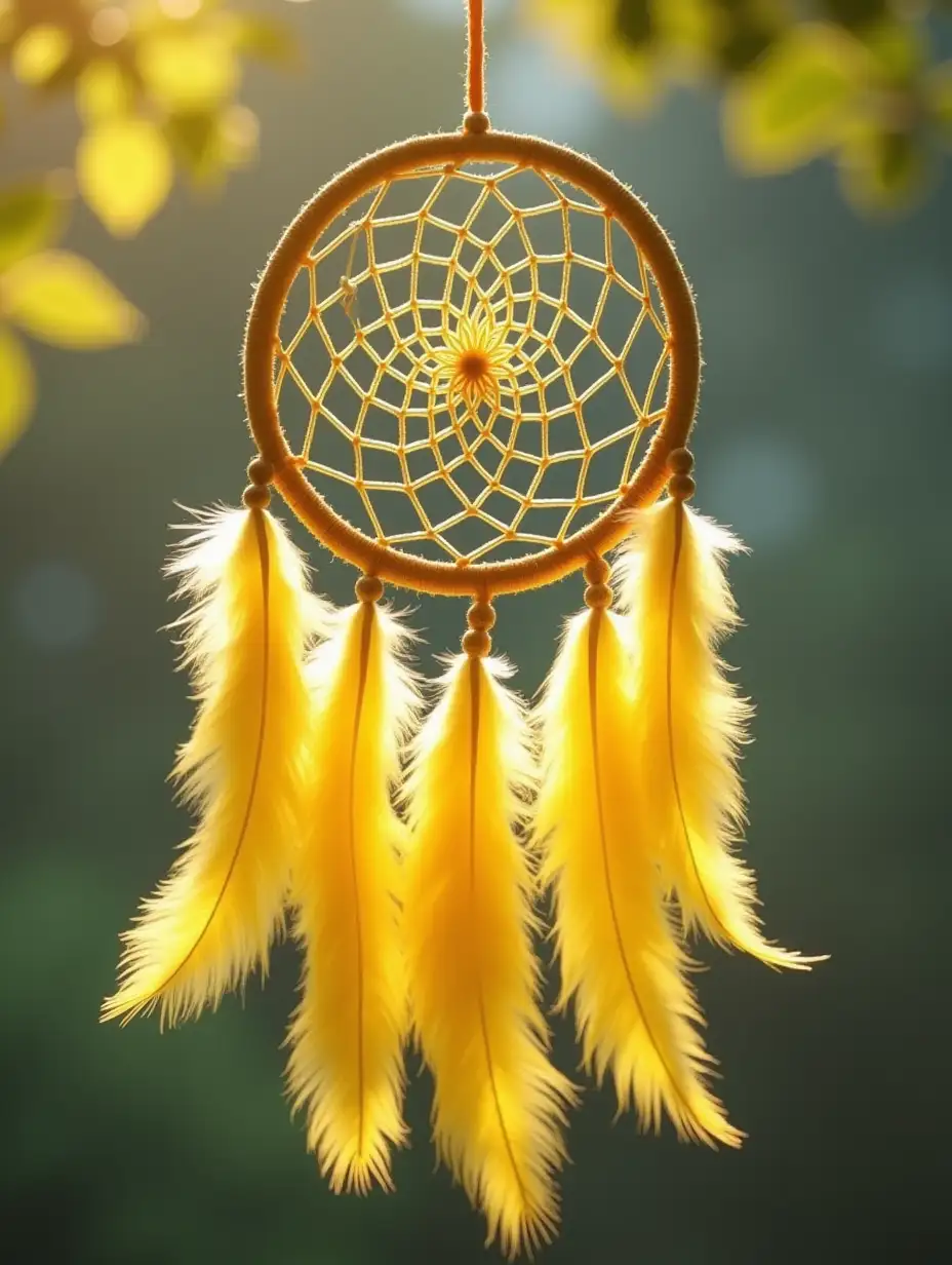 A dreamcatcher with yellow feathers and a joyful scene.