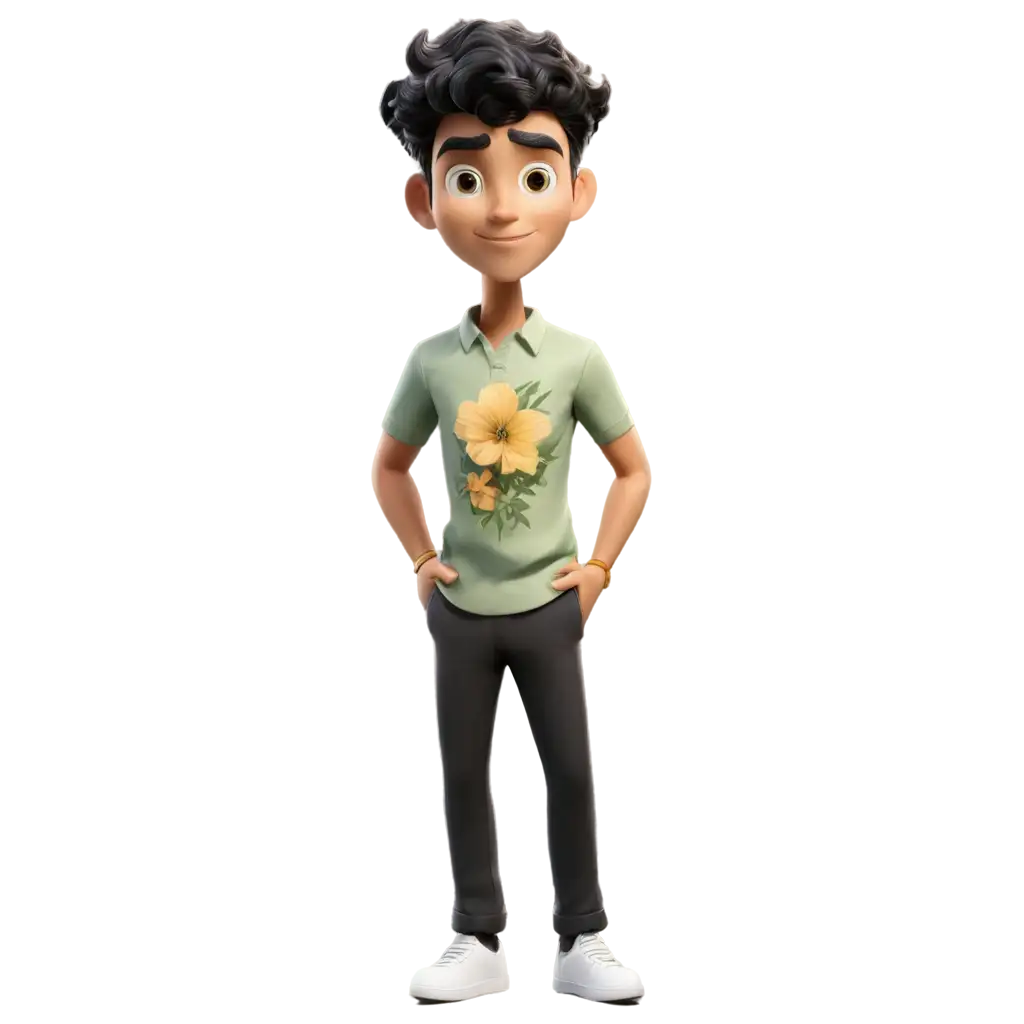 Thin-Brown-Tone-Cartoon-Character-Man-with-Curly-Black-Hair-in-Beach-Green-and-Yellow-Flowers-Shirt-PNG-Image