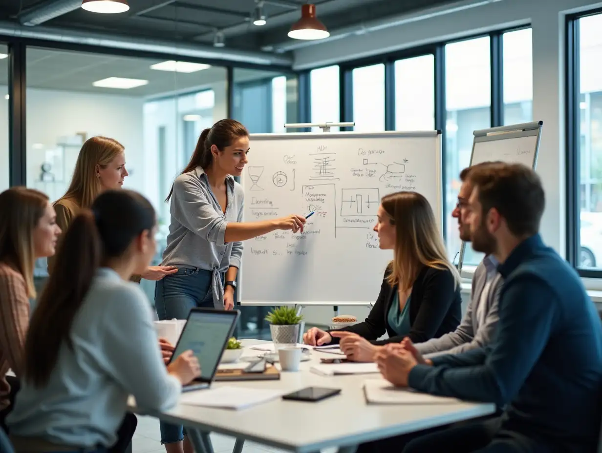 A professional team-building session in a modern office setting with a diverse group of people. The team is actively engaged in brainstorming, discussing their team's purpose and identity, and using a whiteboard filled with simple diagrams and notes. The environment is collaborative, with team members sitting around a table, interacting, and exchanging ideas. The office is bright with large windows, natural light, and an atmosphere of focus, enthusiasm, and connection. No logos or identifiable information on the whiteboard