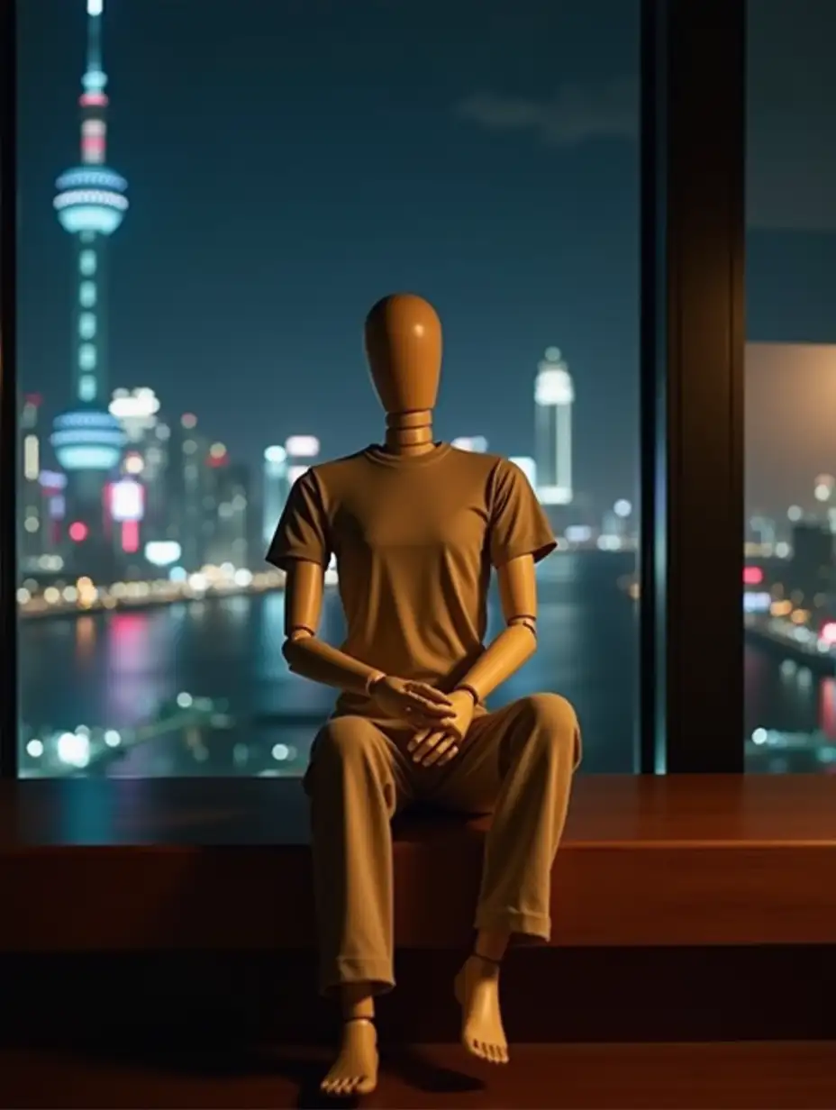 Wooden-Mannequin-in-Pajamas-by-a-Large-Window-Overlooking-Nighttime-Shanghai