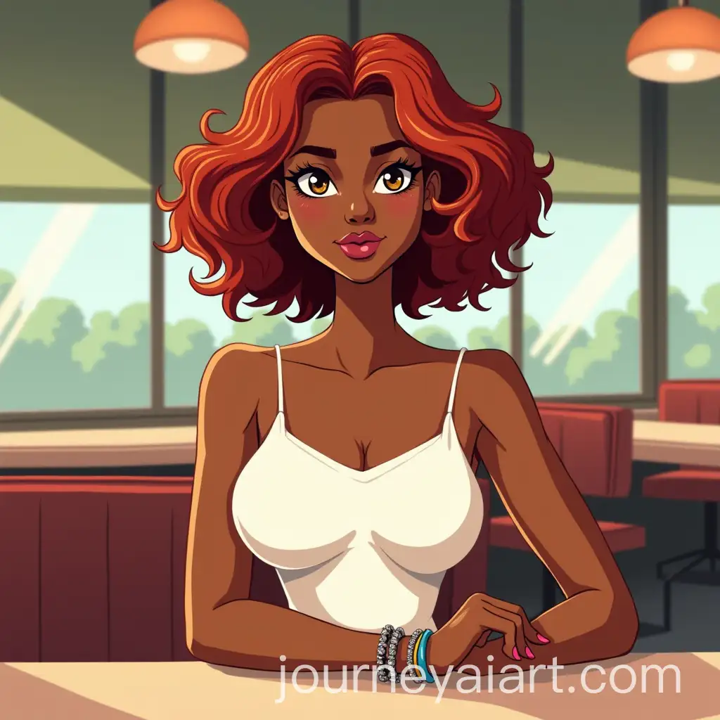 Kind-African-Curvy-Female-with-Red-Hair-in-Summer-Dress-at-Diner
