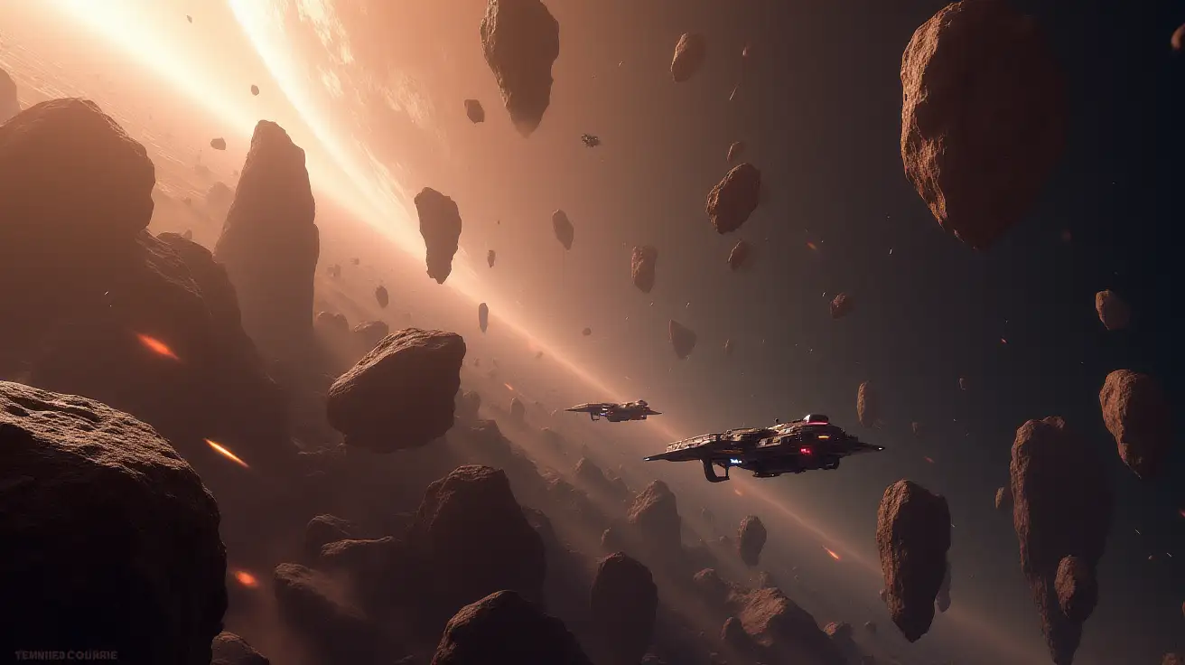 Depict an epic, cinematic sci-fi scene of a fleet of futuristic ships navigating the edge of a sprawling asteroid field...