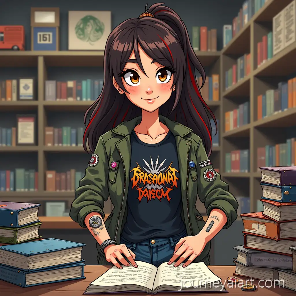 Adult-Female-Sorting-Books-in-Hobby-Store-with-Punk-StyleBookstore-worker-portrait-Outfit-and-Tattoos