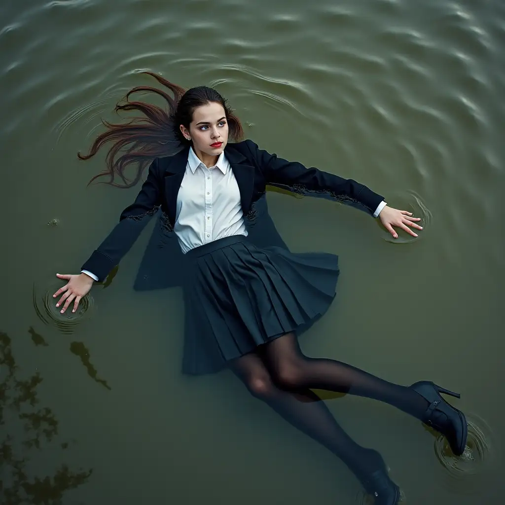 A young schoolgirl in a school uniform with a skirt, jacket, blouse, dark tights, high-heeled shoes. Swims in a dirty pond, lies underwater, in water up to her neck, the whole body is under water, submerged in water, under the water surface, completely wet clothes, clothes soaked through, water flows on wet clothes, there are no dry areas of clothing, wet clothes stick to the body.