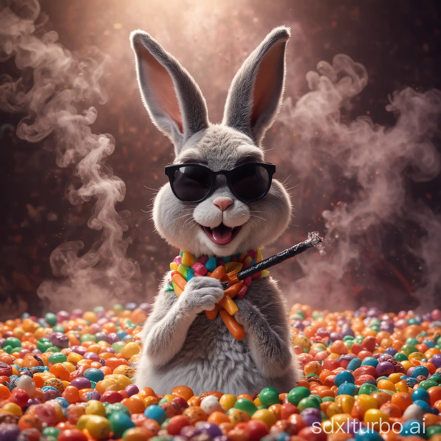 young smiling happy cute bugs bunny in black sunglasses vaping. At the background lots of candies and vaping smoke, psychedelic vibe