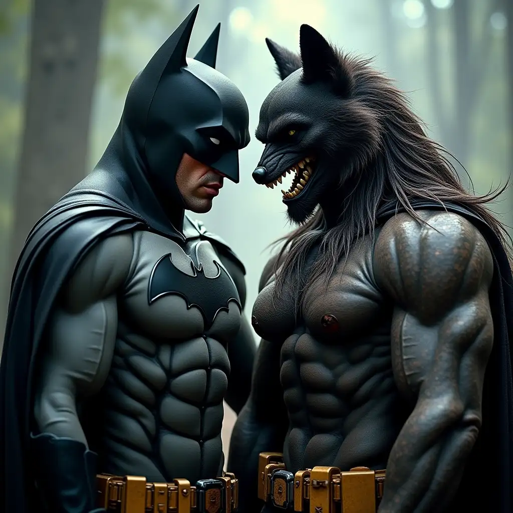 Batman fights a muscular being with a mask, they call him wolf because he has hair everywhere except on his muscular chest