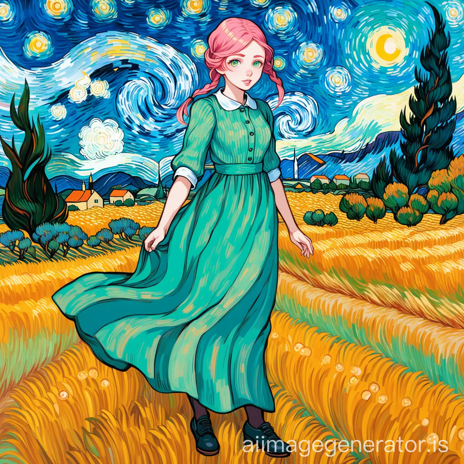 Anime-Girl-with-Pink-Hair-and-Mischievous-Expression-in-Van-Gogh-Style