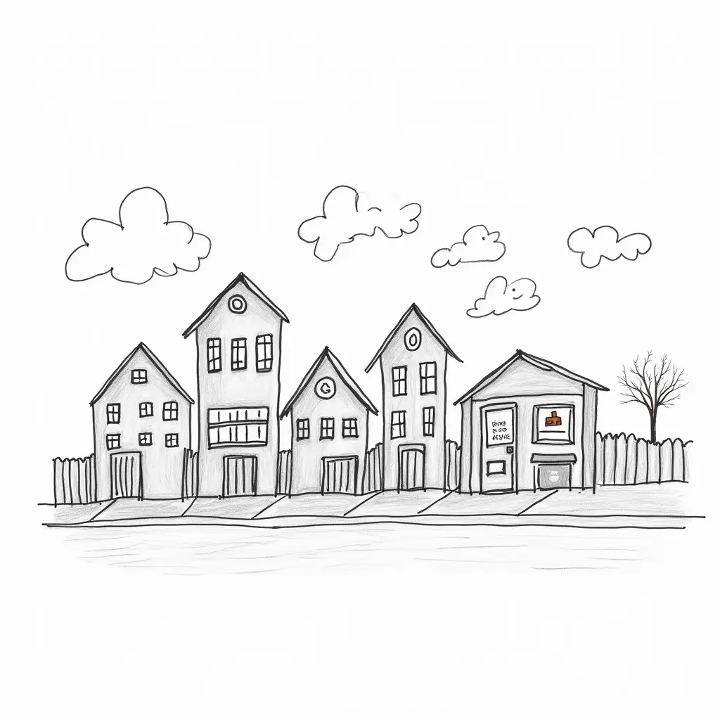 Neighborhood-Scene-with-Playground-Dentist-and-Dogs-in-a-Kids-Black-Pencil-Sketch