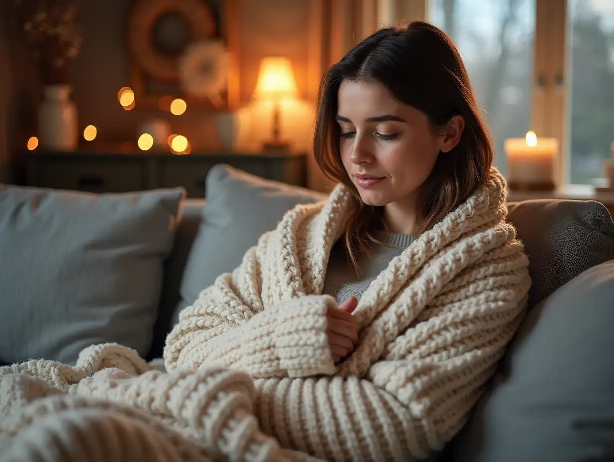 Woman sitting on a sofa wrapped in a warm blanket, visibly feeling cold. The indoor setting is cozy with decorative elements. The image portrays winter, warmth, comfort, and relaxation