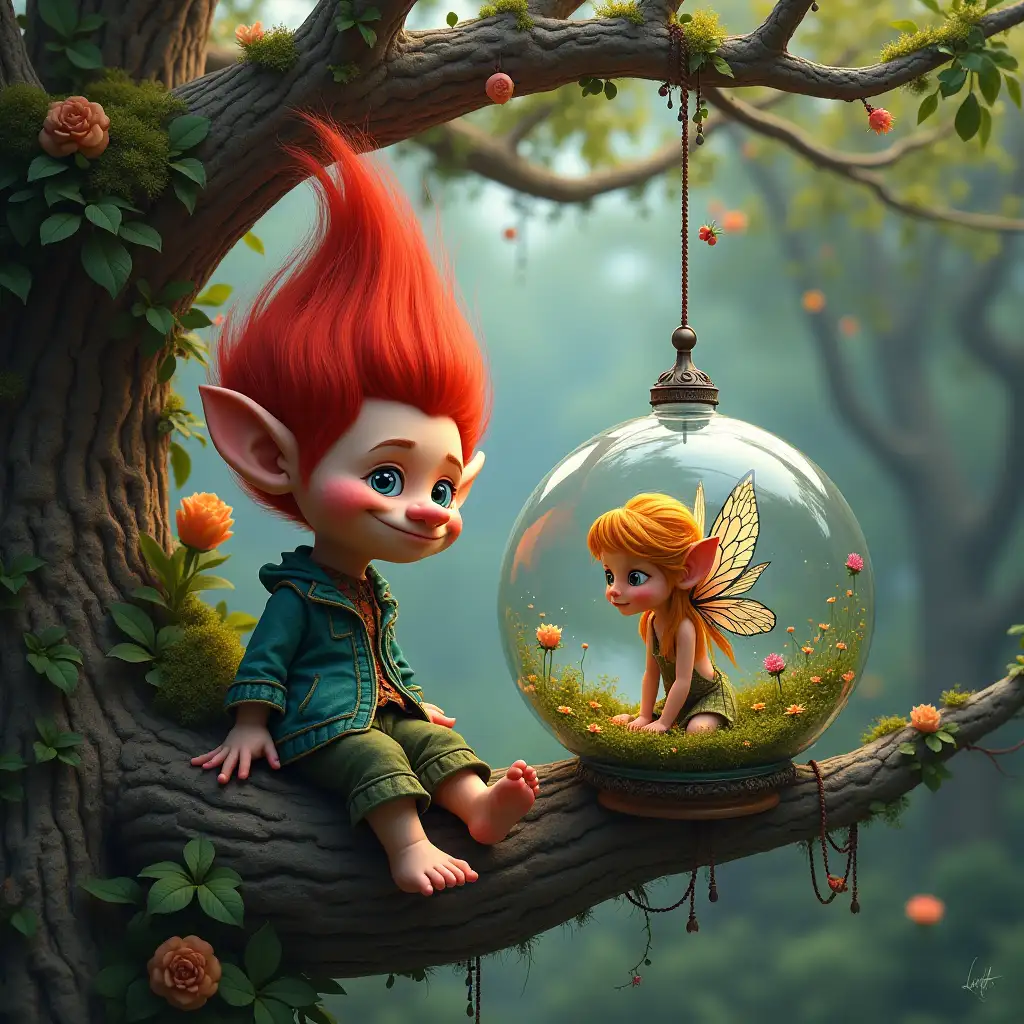 ultra detailed hyperrealistic portrait of a troll with red hair and a fairy sitting in a glass ball hanging in a dreamy tree house with intricately detailed, colorful plants in the background