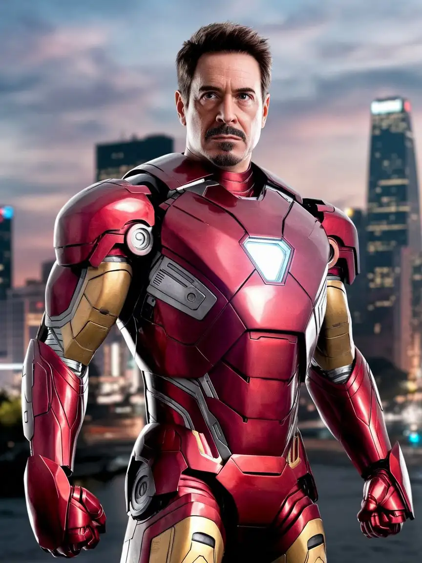 Iron-Man-without-Helmet-in-Cityscape-Background