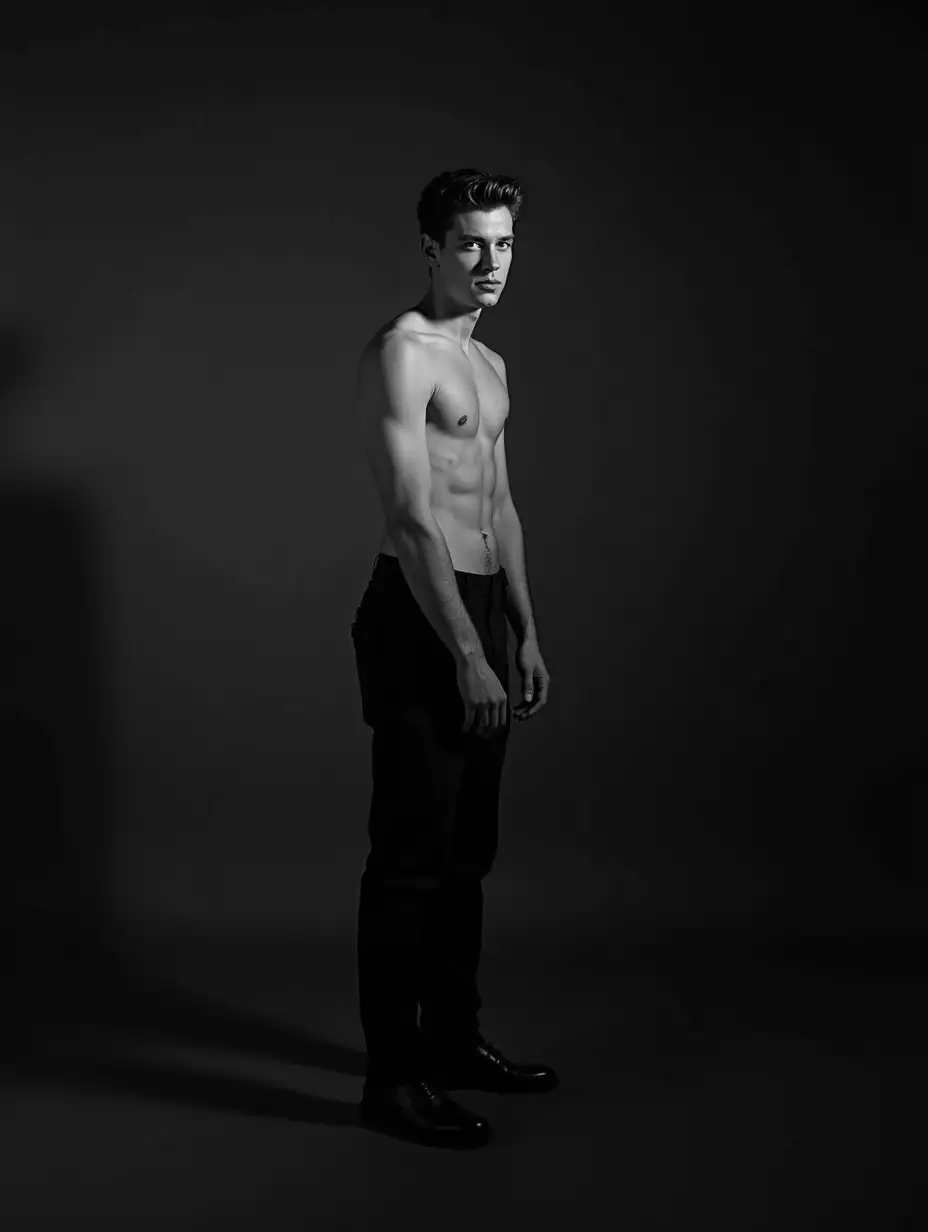 full length black and white photography in the style of George Hurrell, 1935 golden age Hollywood glamour portrait, 18 year old caucasian male, Lucas Black, dramatic lighting, film noir
