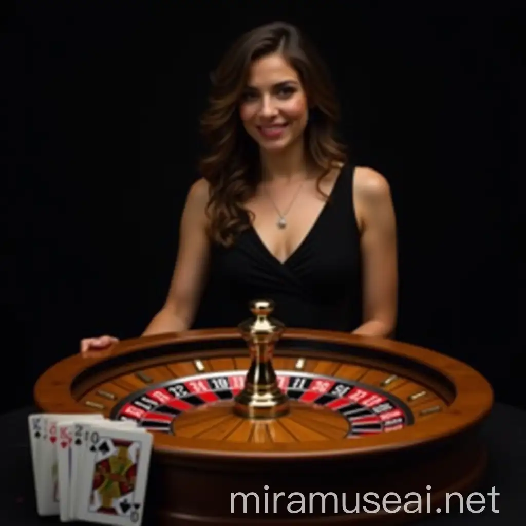 Woman Playing Casino Game with Spinning Wheel and Cards