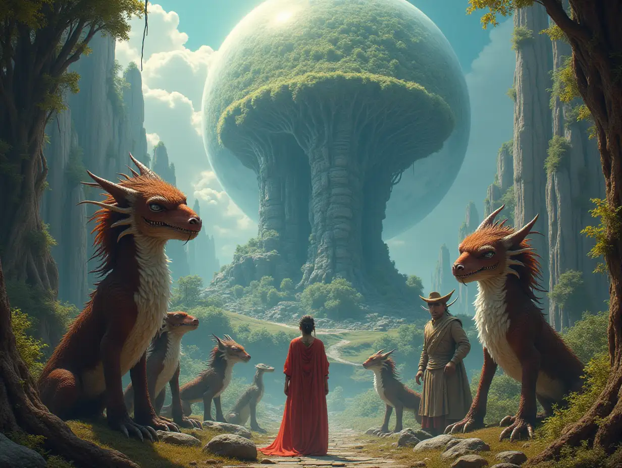 Ultradetailed hyperrealistic de-noised photo portrait of a Multiverse time traveler with various strange beings with futuristic glass towers, dragons in front of an intricately detailed, colorful, forested alien planet